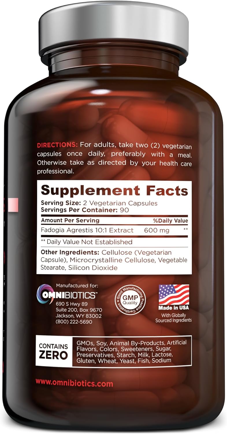Back label of OmniBiotics Fadogia Agrestis showing directions (“take two vegetarian capsules daily with a meal”), Supplement Facts (600 mg Fadogia Agrestis 10:1 extract per 2-capsule serving), and badges for GMP, Made in USA, and free of GMOs, soy, dairy, and gluten.
