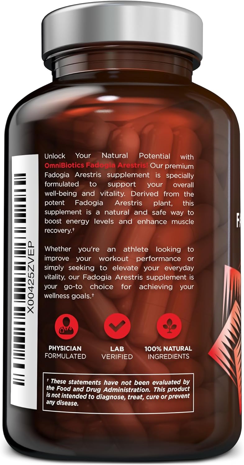 Side panel of an OmniBiotics Fadogia Agrestis supplement bottle with barcode and marketing text about boosting energy and muscle recovery