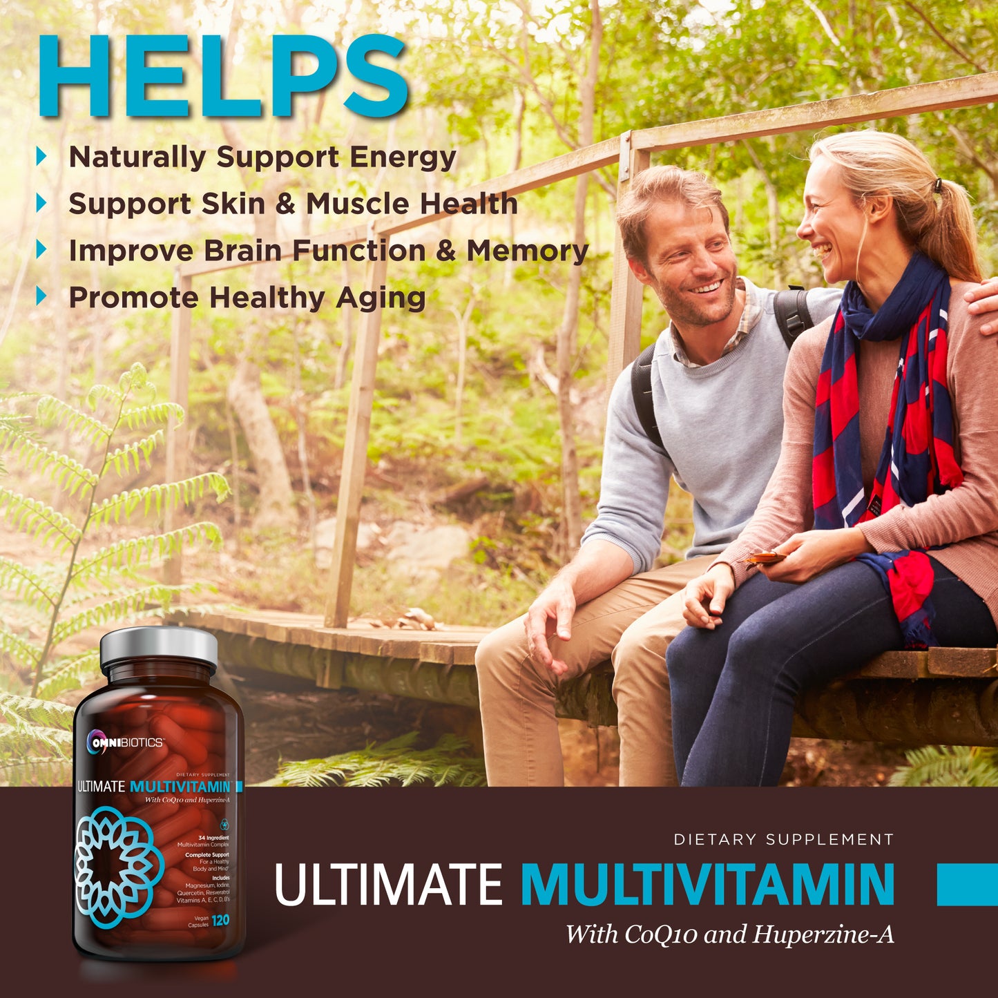 OmniBiotics Ultimate Multivitamin ad: smiling couple outdoors with bottle; benefits listed—energy, skin & muscle, brain & memory, healthy aging.