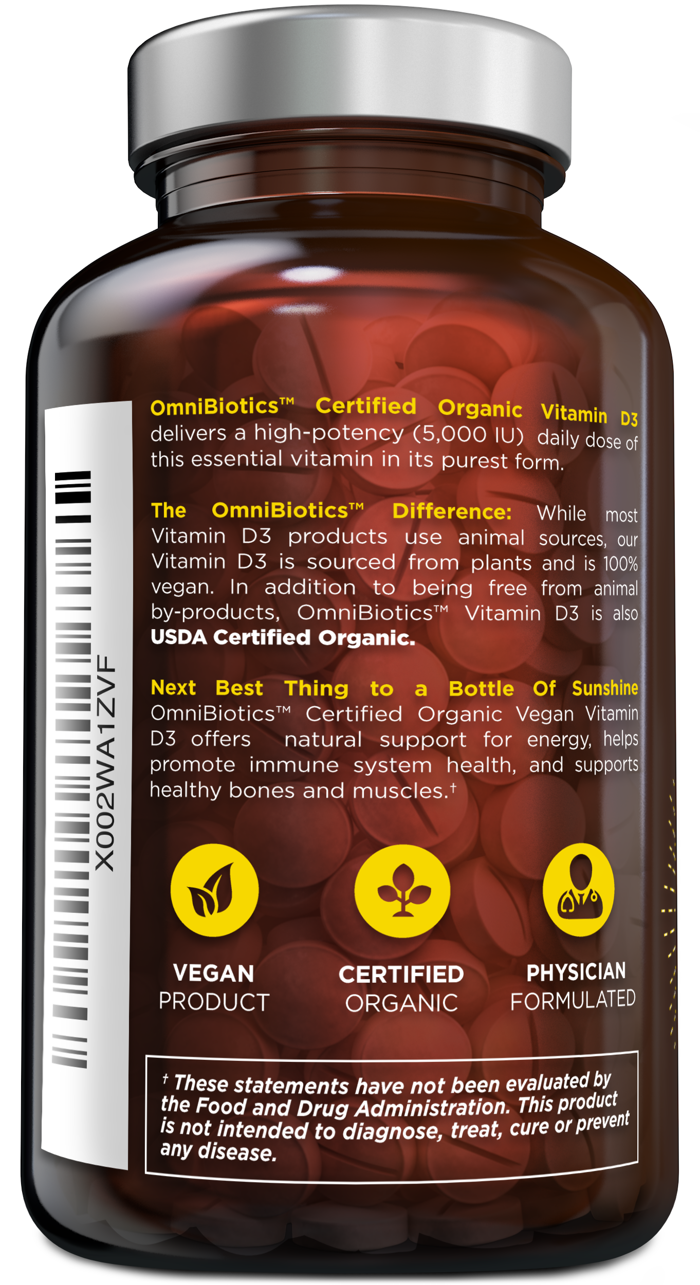 OmniBiotics Organic Vitamin D3 bottle back label showing plant-sourced 5,000 IU D3, vegan/organic/physician-formulated icons, and product description.