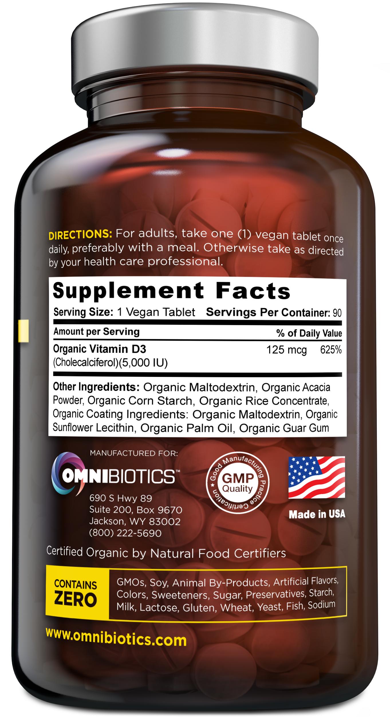 Back label of OmniBiotics Organic Vitamin D3 showing Supplement Facts (125 mcg/5,000 IU per vegan tablet) and directions.