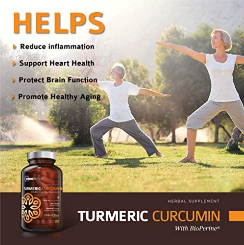 Turmeric Curcumin ad: two adults doing tai chi; benefits—reduce inflammation, heart/brain support, healthy aging; product bottle shown.