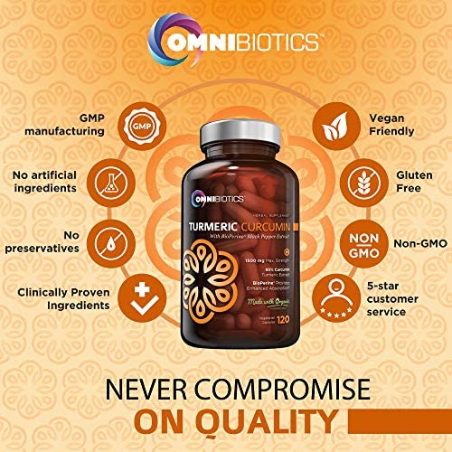 OmniBiotics Turmeric Curcumin bottle with badges: GMP, vegan, gluten-free, non-GMO, no artificial ingredients or preservatives.