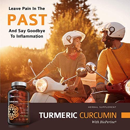 Turmeric Curcumin supplement ad with couple on scooters and headline “Leave pain in the past—say goodbye to inflammation.”