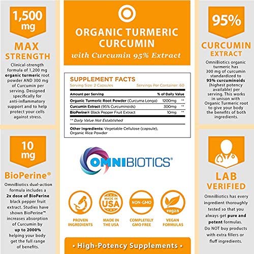 OmniBiotics Organic Turmeric Curcumin infographic—1500 mg max strength, 95% curcumin extract, 10 mg BioPerine, lab-verified, non-GMO vegan, made in USA, with supplement facts panel.
