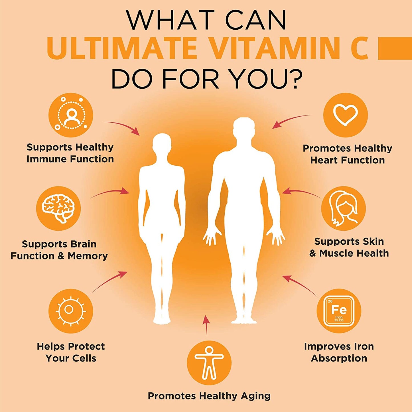 Infographic titled “What Can Ultimate Vitamin C Do For You?” with male/female silhouettes and icons