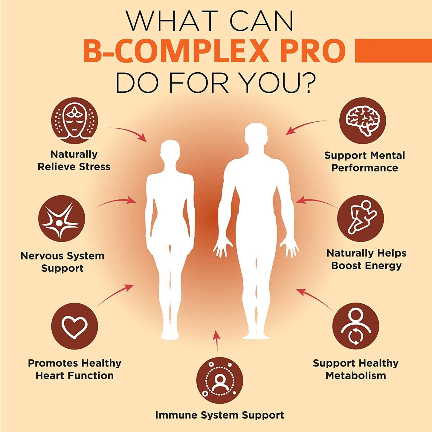 An infographic listing the health benefits of Omnibiotics B-Complex Pro, including stress relief, mental performance, energy, and heart function.