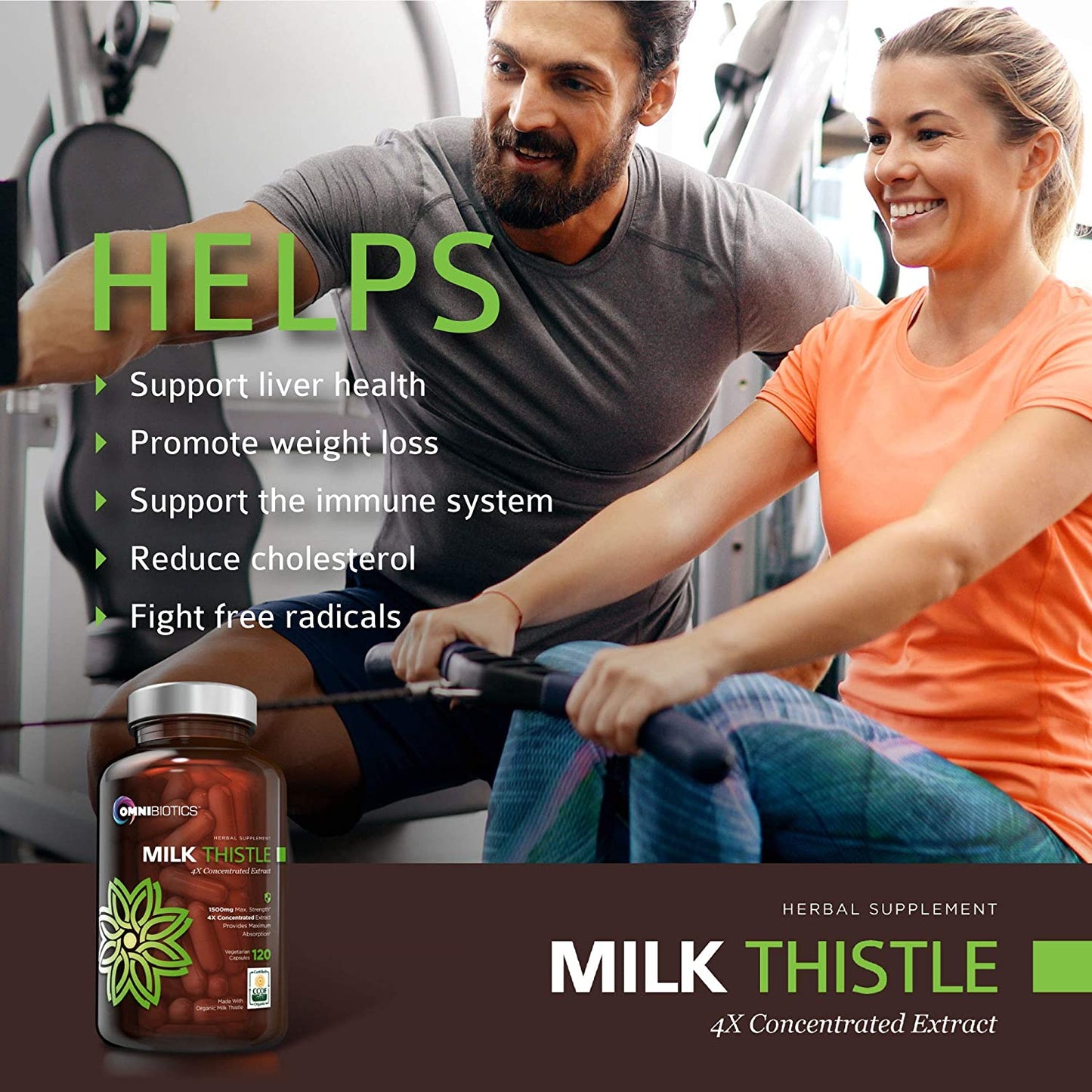 Couple exercising on rowing machines; OmniBiotics Milk Thistle 4X Concentrated Extract bottle with “Helps” benefits list.