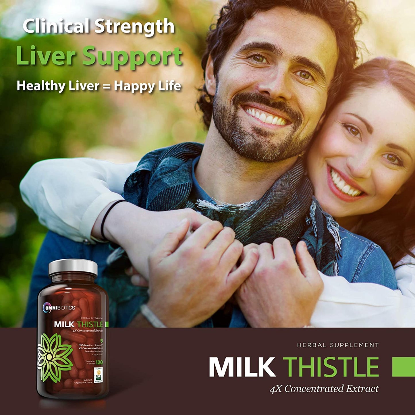 Smiling couple with OmniBiotics Milk Thistle 4X Concentrated Extract bottle promoting clinical-strength liver support.
