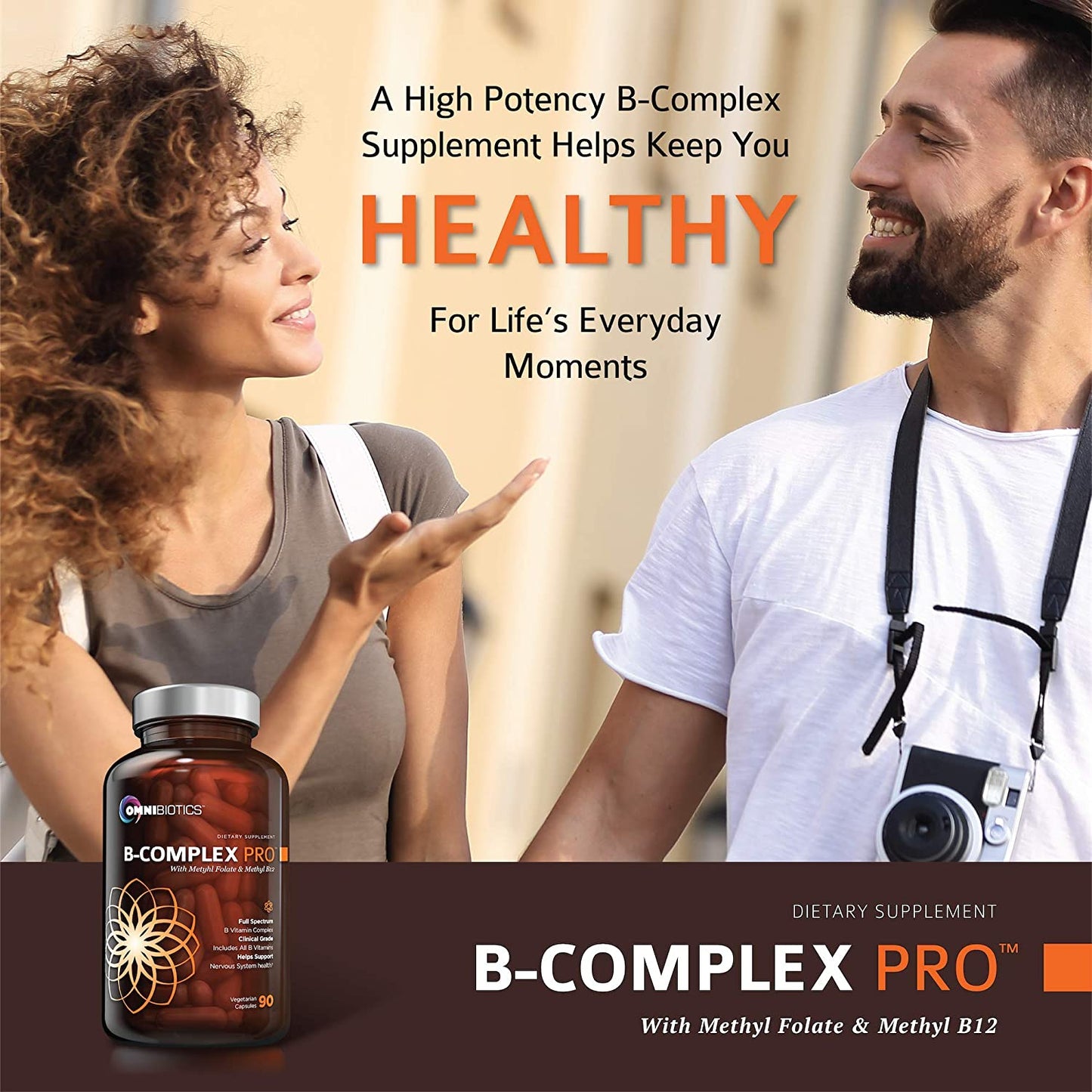 A supplement advertisement for Omnibiotics B-Complex Pro with a bottle of the product. The background shows a smiling couple, and large text reads, "A High Potency B-Complex Supplement Helps Keep You HEALTHY For Life's Everyday Moments."