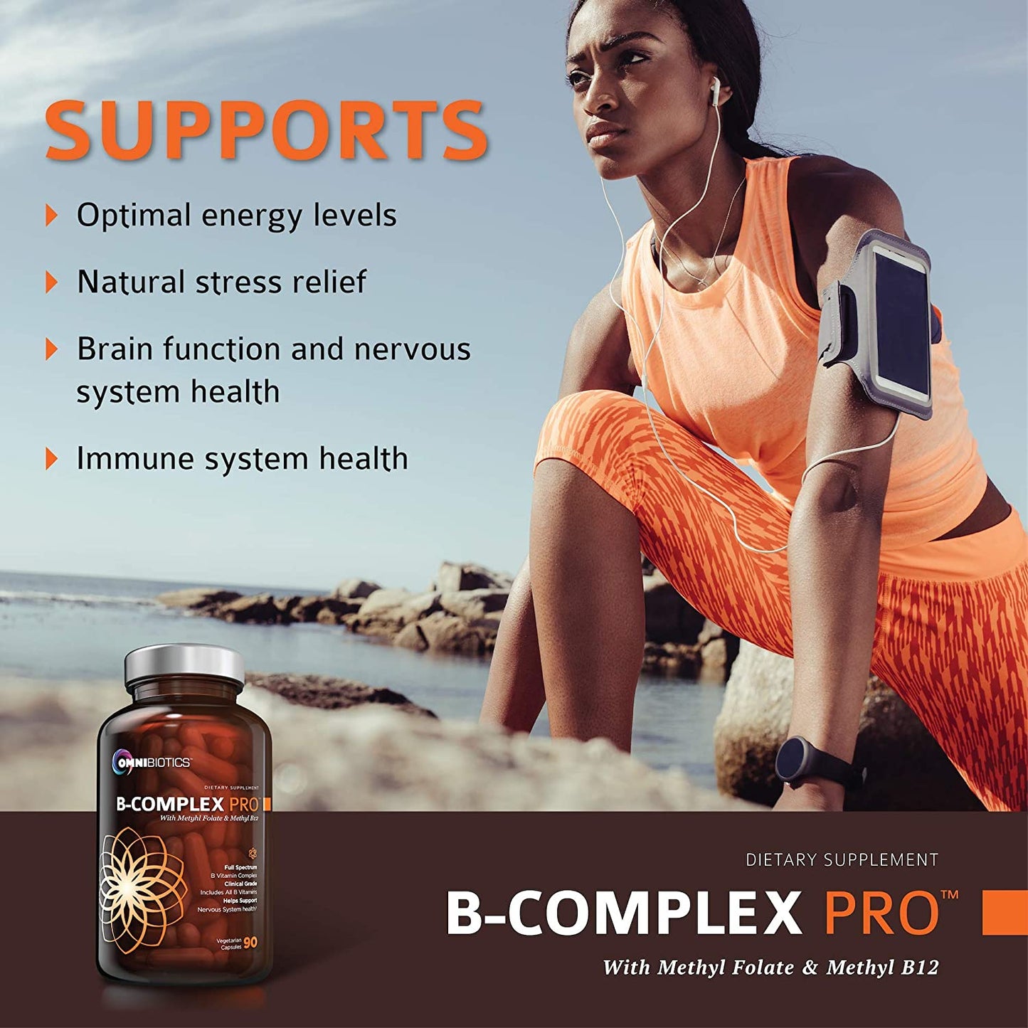 A dietary supplement ad for B-COMPLEX PRO, showing a woman running on a beach.