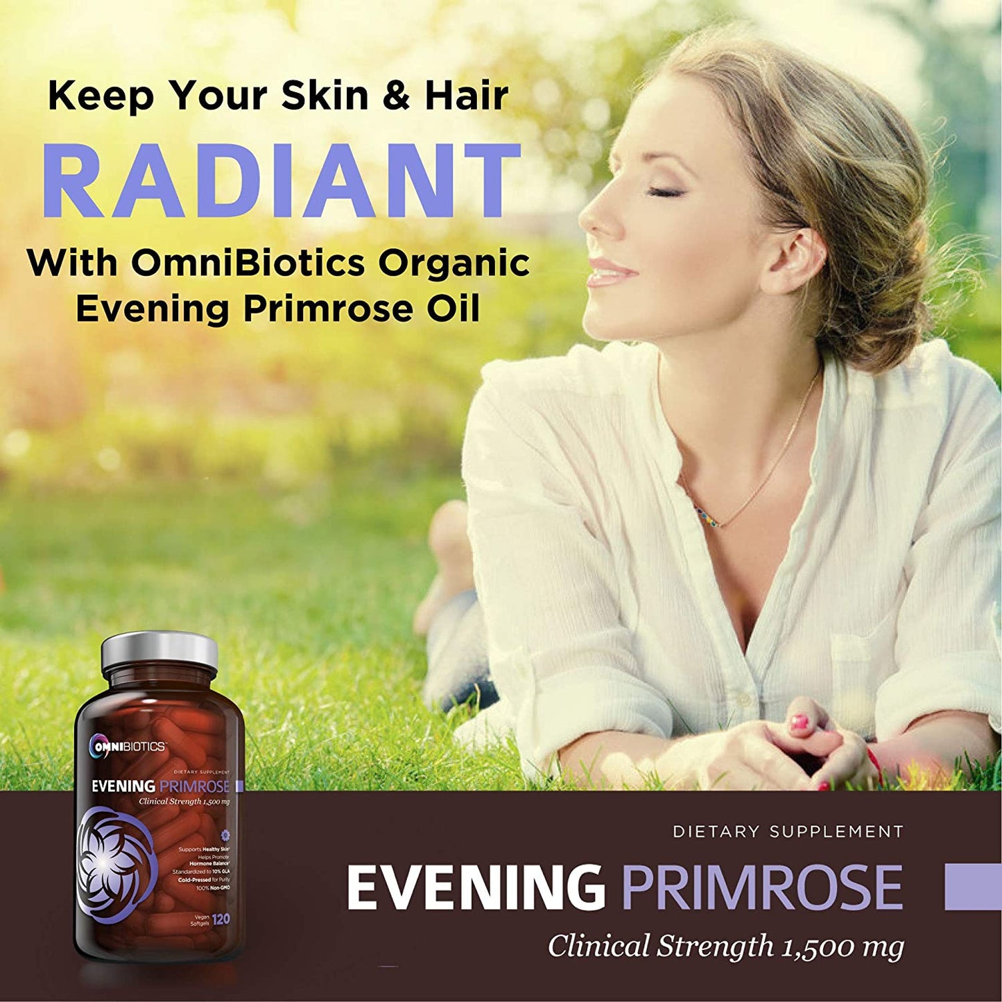Woman relaxing on grass beside OmniBiotics Evening Primrose Oil 1,500 mg bottle.