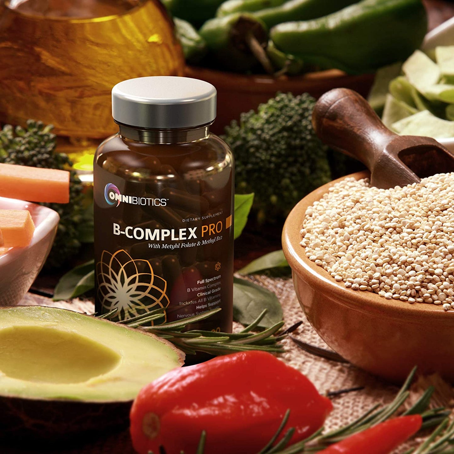 OmniBiotics B-Complex Pro bottle with quinoa, avocado, and vegetables.
