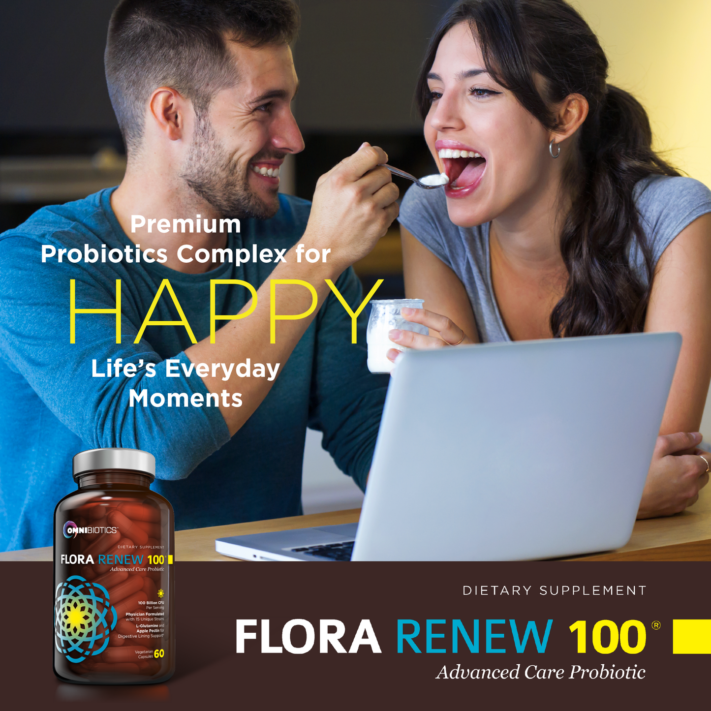 Smiling couple eating yogurt by a laptop with an OmniBiotics FLORA RENEW 100 probiotic bottle and text promoting a “Premium Probiotics Complex for happy everyday moments.”