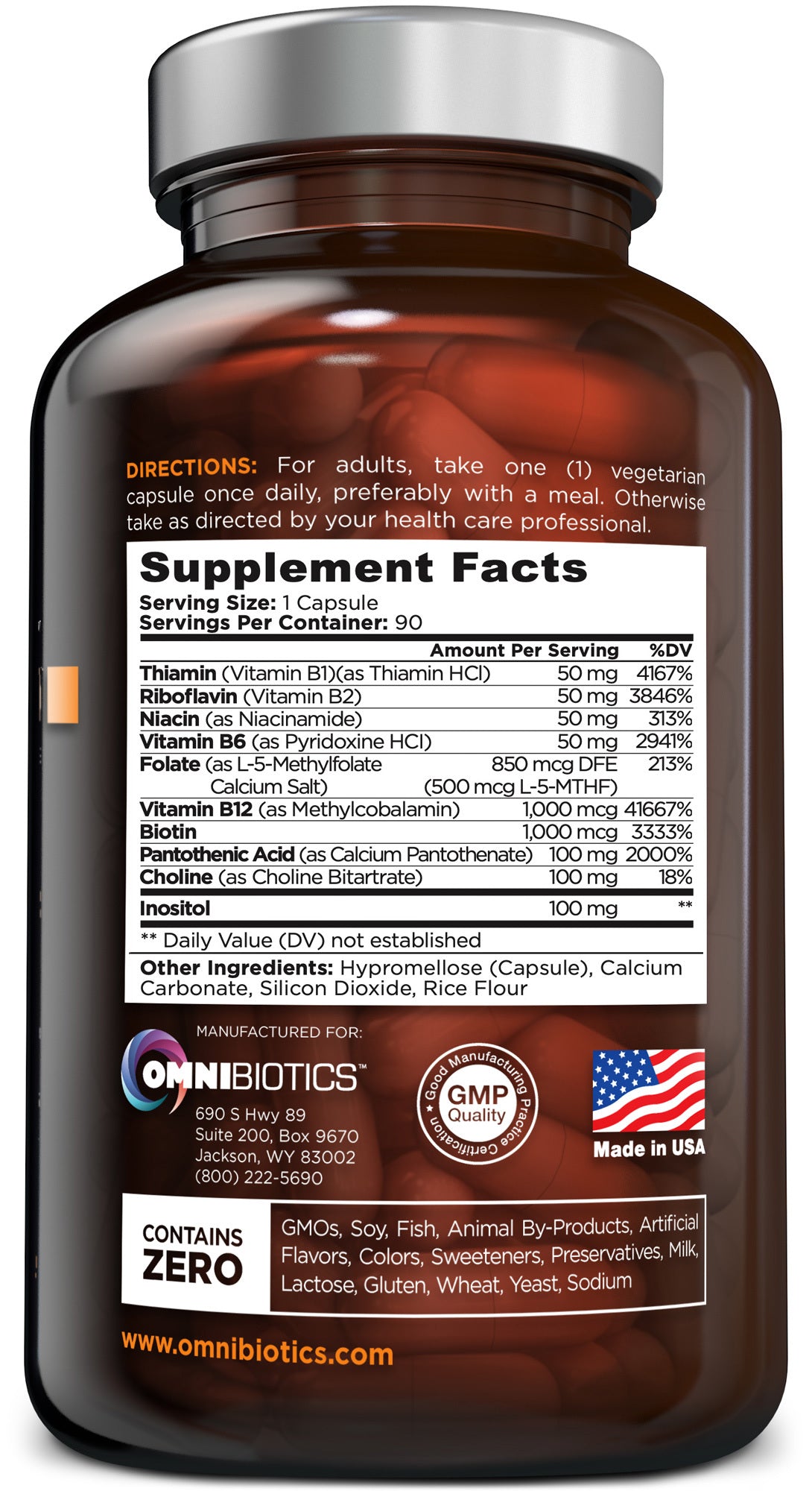 OmniBiotics B-Complex Pro supplement facts: 1 vegan capsule (90 servings) with B1, B2, B3, B6 50 mg, methylfolate 850 mcg DFE, B12 1000 mcg, biotin 1000 mcg.