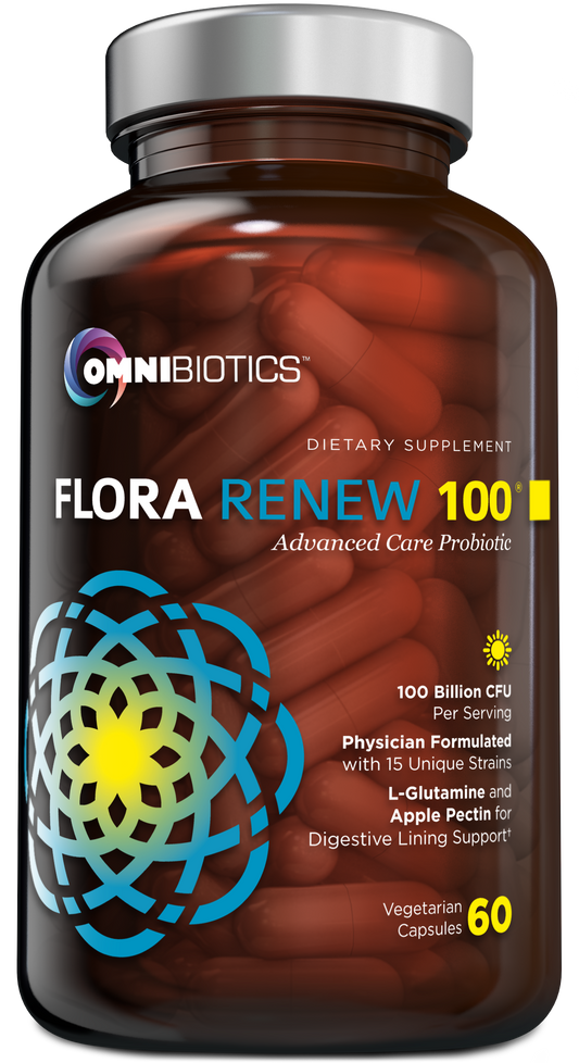 A bottle of OmniBiotics Flora Renew Probiotic Capsules with graphic elements and text on the label.