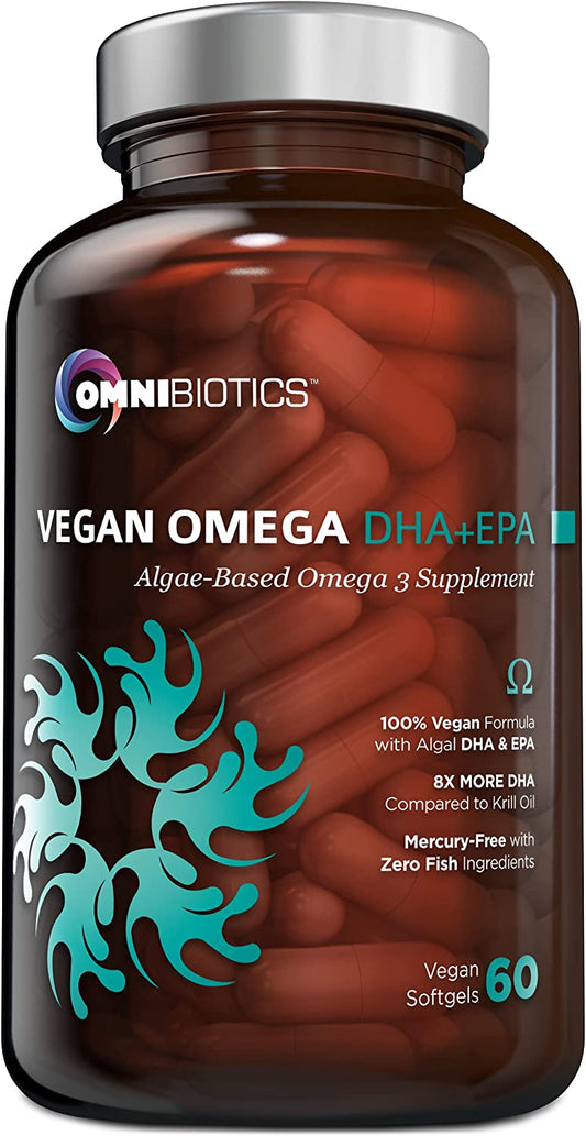 A bottle of OmniBiotics Vegan Omega DHAx supplement with 60 vegetarian capsules, emphasizing its algal-based omega-3 and -6 fatty acid content, along with its vegan and mercury-free attributes.