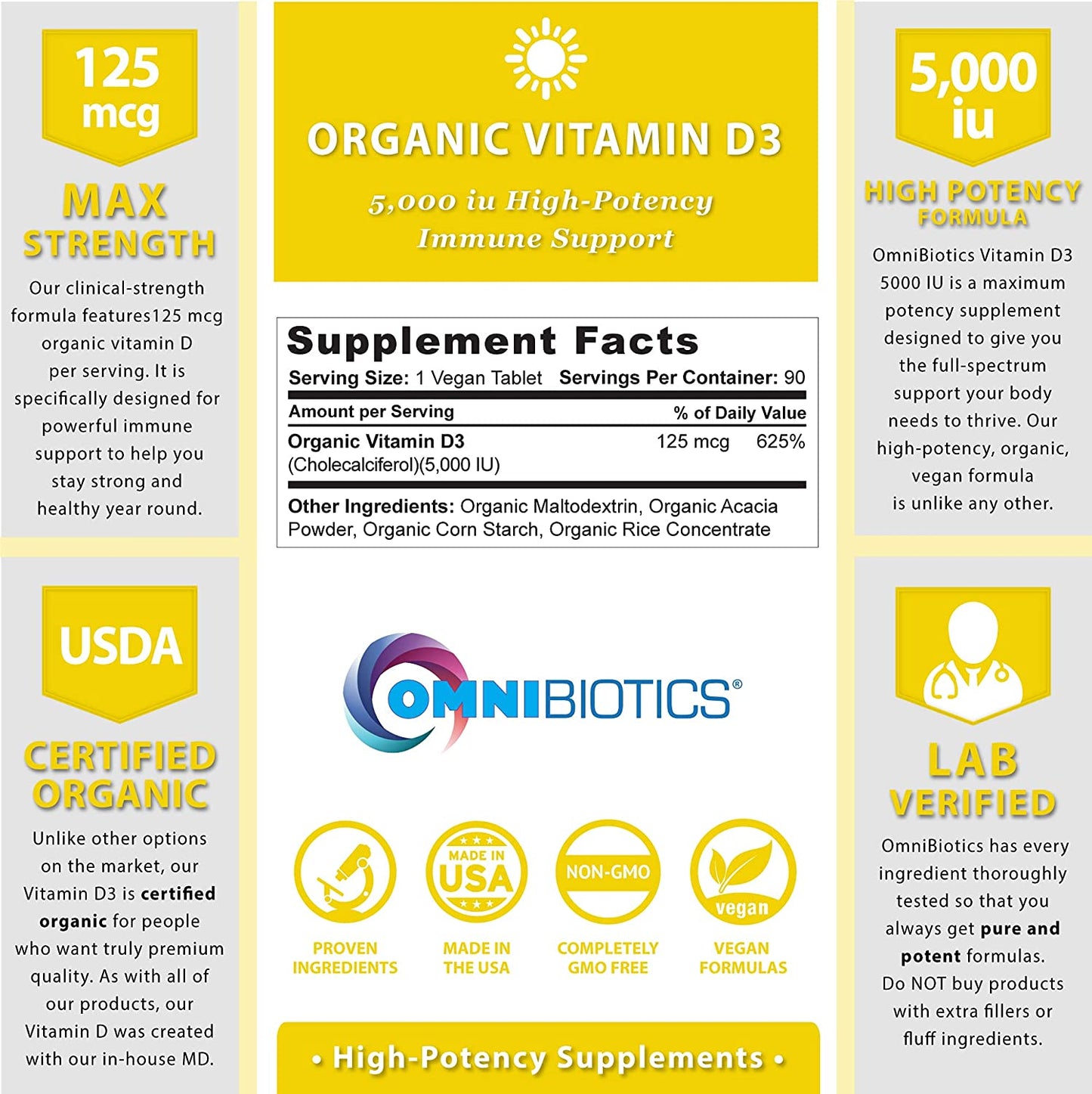 OmniBiotics Organic Vitamin D3 5,000 IU infographic—125 mcg per tablet, USDA Organic, vegan, non-GMO, lab-verified.
