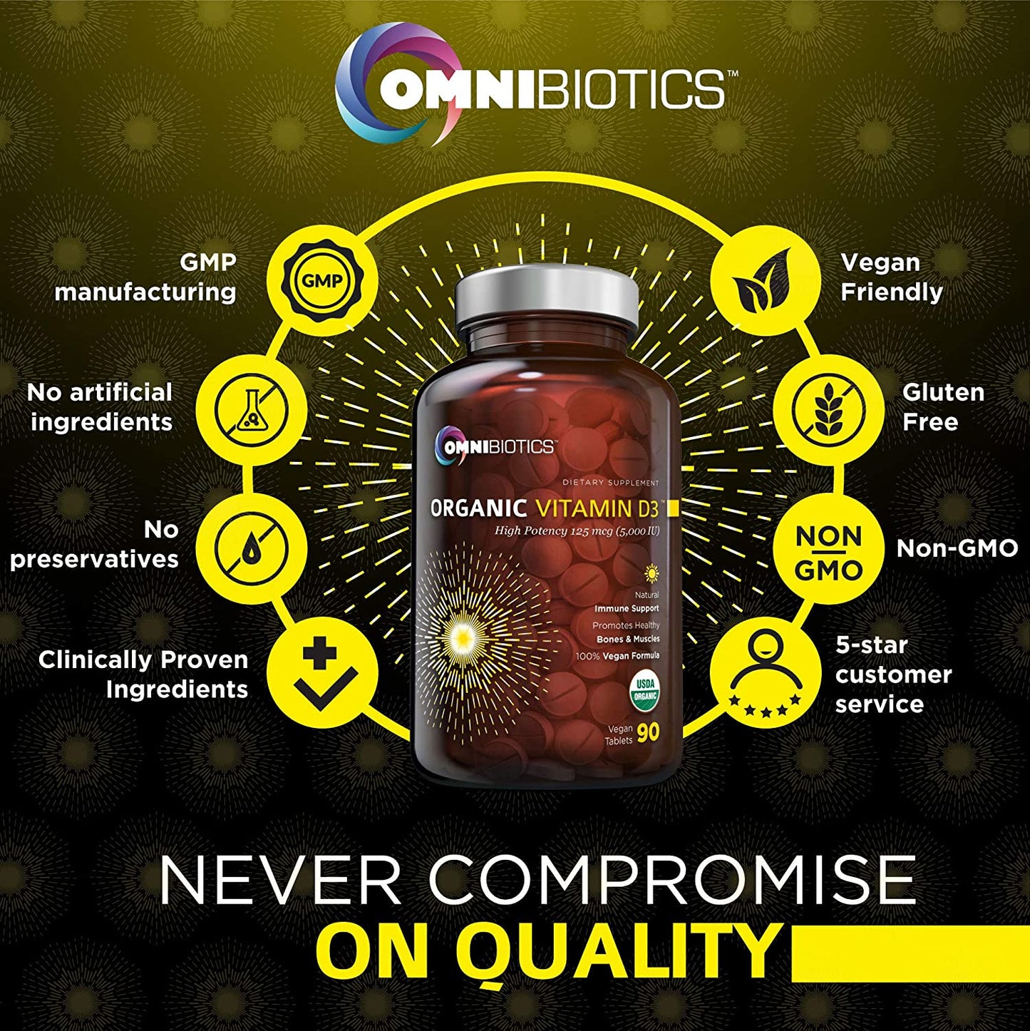 OmniBiotics Organic Vitamin D3 bottle surrounded by quality certification icons.