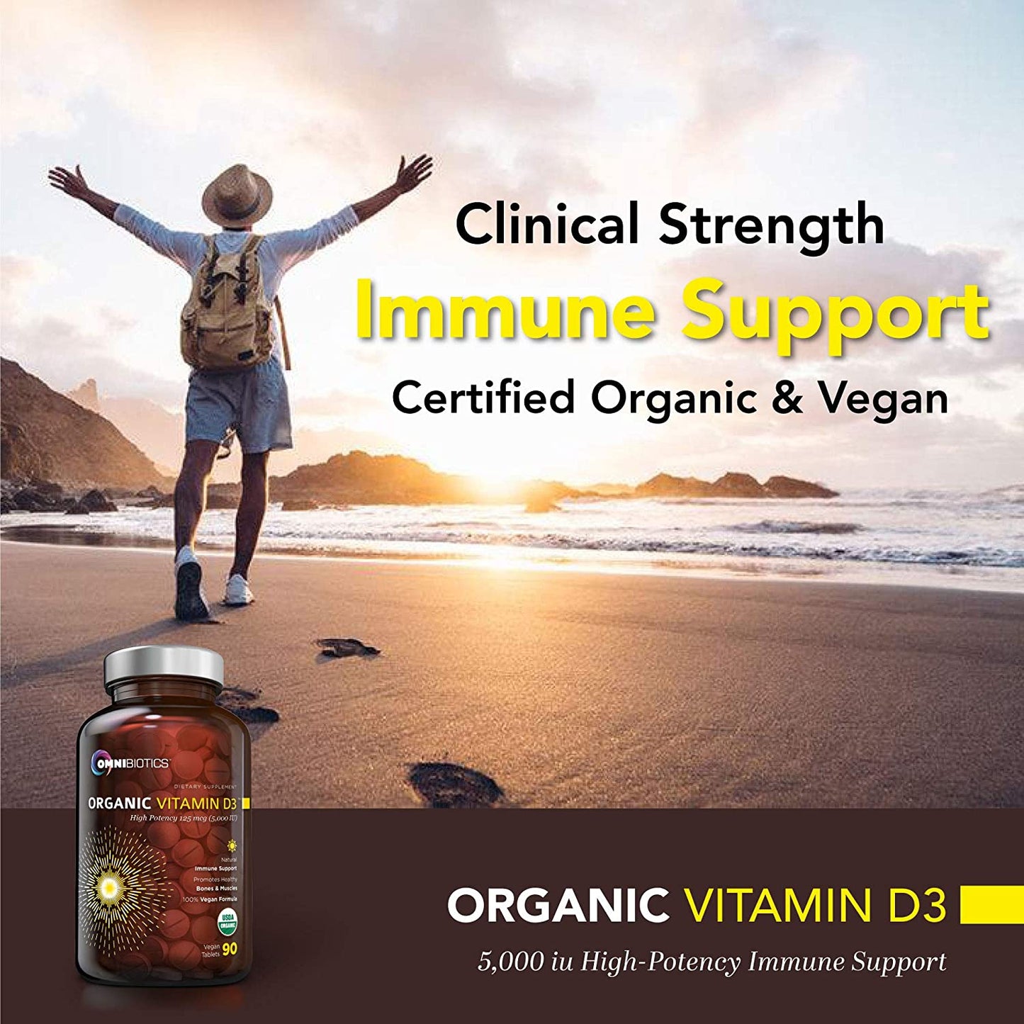 Organic Vitamin D3 ad with hiker on beach, “Clinical Strength Immune Support” text, and bottle.