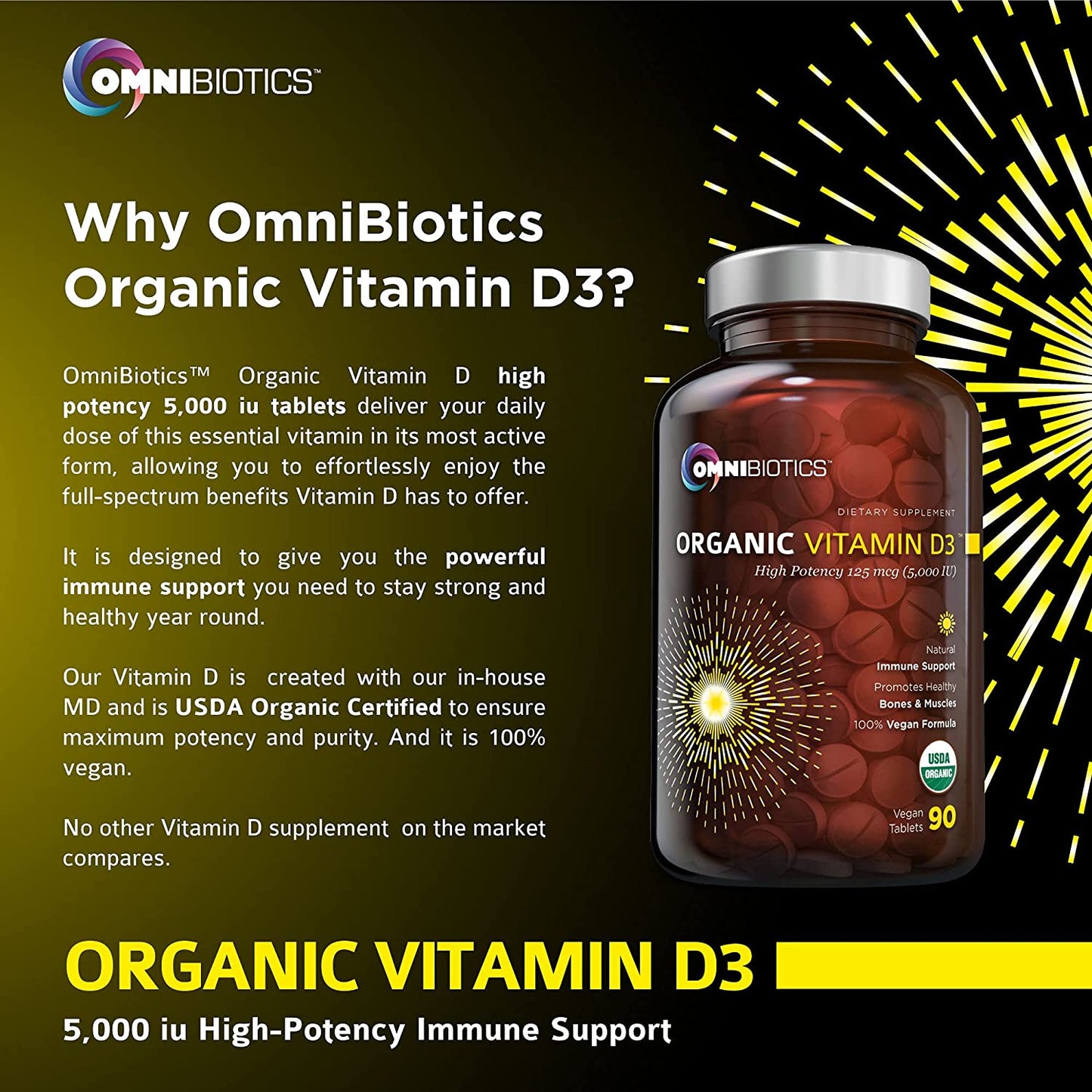 OmniBiotics Organic Vitamin D3—5,000 IU high-potency immune support graphic with supplement bottle.
