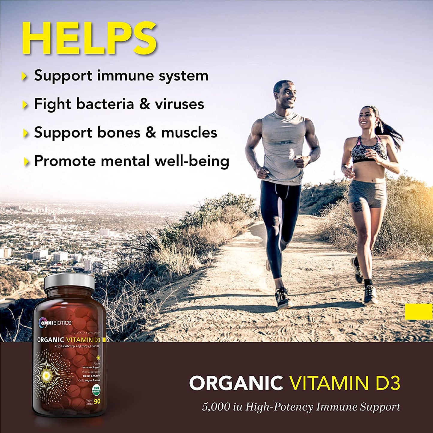 Runners on hillside; OmniBiotics Organic Vitamin D3 bottle with “Helps” list.