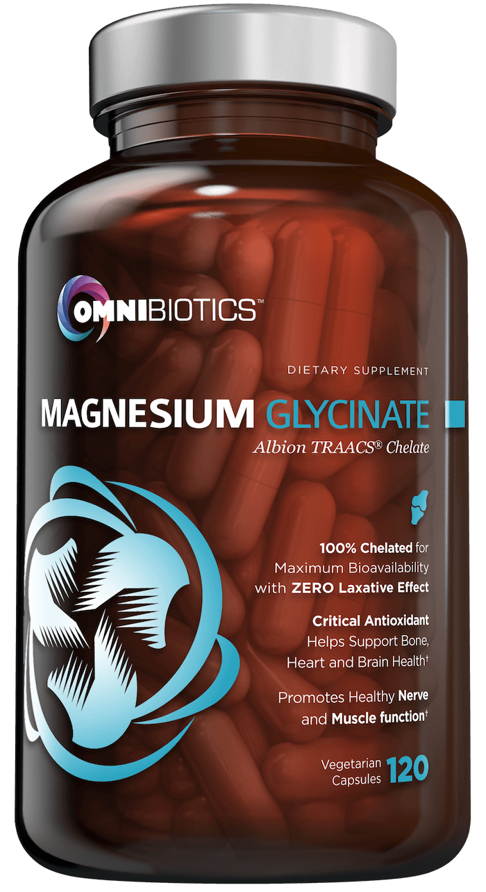 Magnesium glycinate supplement for brain, heart, and bone support with 120 vegan capsules by OmniBiotics