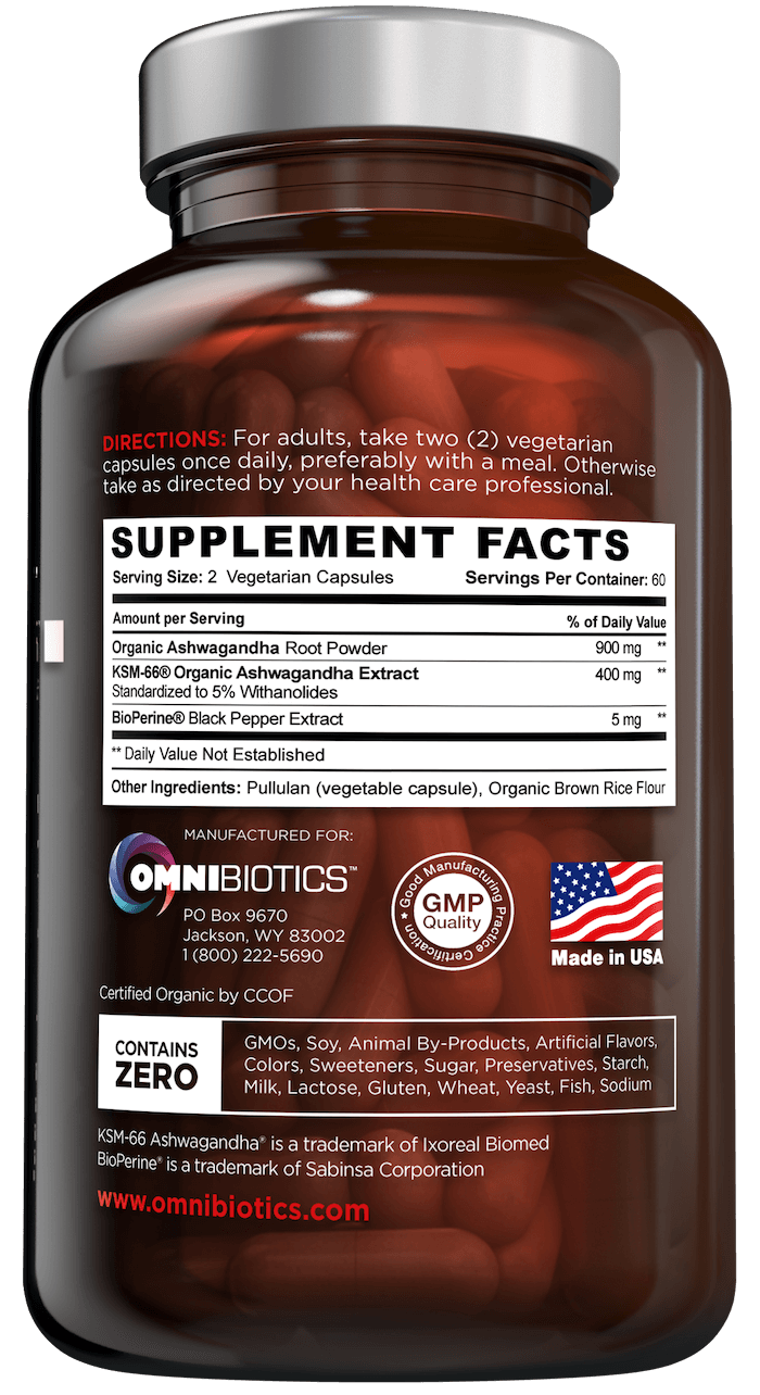 Certified organic ashwagandha supplement facts with KSM-66 and 120 vegan capsules by OmniBiotics