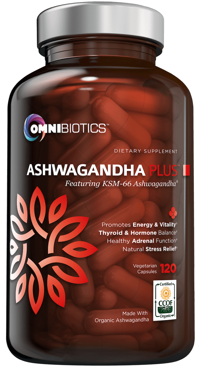 Certified organic ashwagandha supplement with KSM-66 and 120 vegan capsules by OmniBiotics