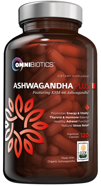 Certified organic ashwagandha supplement with KSM-66 and 120 vegan capsules by OmniBiotics