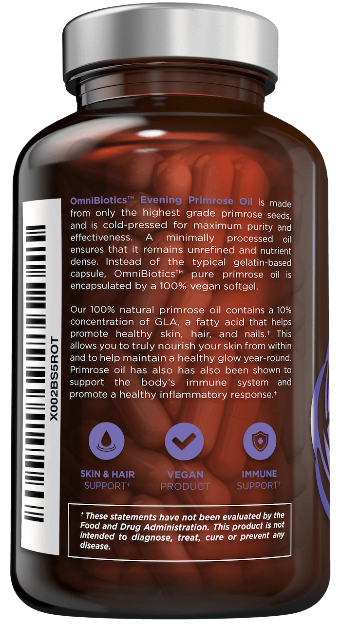 Organic evening primrose oil with cold-pressed extract and 120 vegan capsules for skin and hair support by OmniBiotics