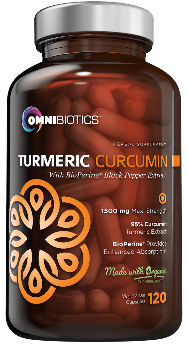 A bottle of OmniBiotics Organic Turmeric Curcumin supplement with BioPerine Black Pepper Extract, featuring 120 vegetable capsules and 1500 mg of turmeric per serving.
