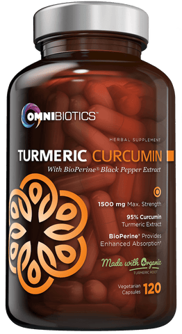 A bottle of OmniBiotics Organic Turmeric Curcumin supplement with BioPerine Black Pepper Extract, featuring 120 vegetable capsules and 1500 mg of turmeric per serving.