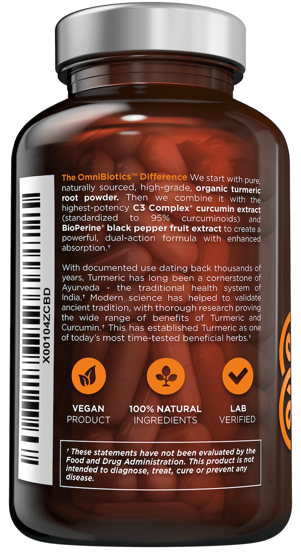 Turmeric Curcumin bottle—“OmniBiotics Difference” text with vegan, natural, lab-verified icons.
