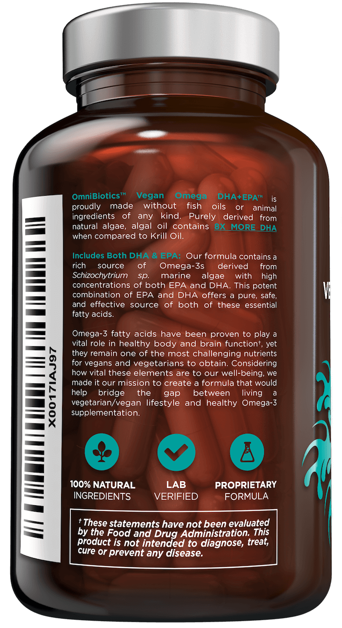 Vegan Omega 3 DHA and EPA supplement for brain, heart, and muscle health with 60 capsules by OmniBiotics