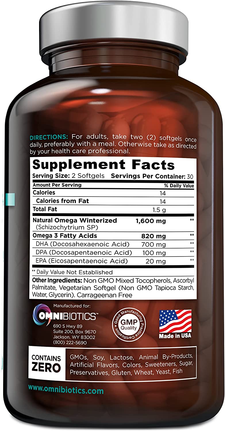 OmniBiotics Vegan Omega 3 DHA+EPA supplement facts label.
