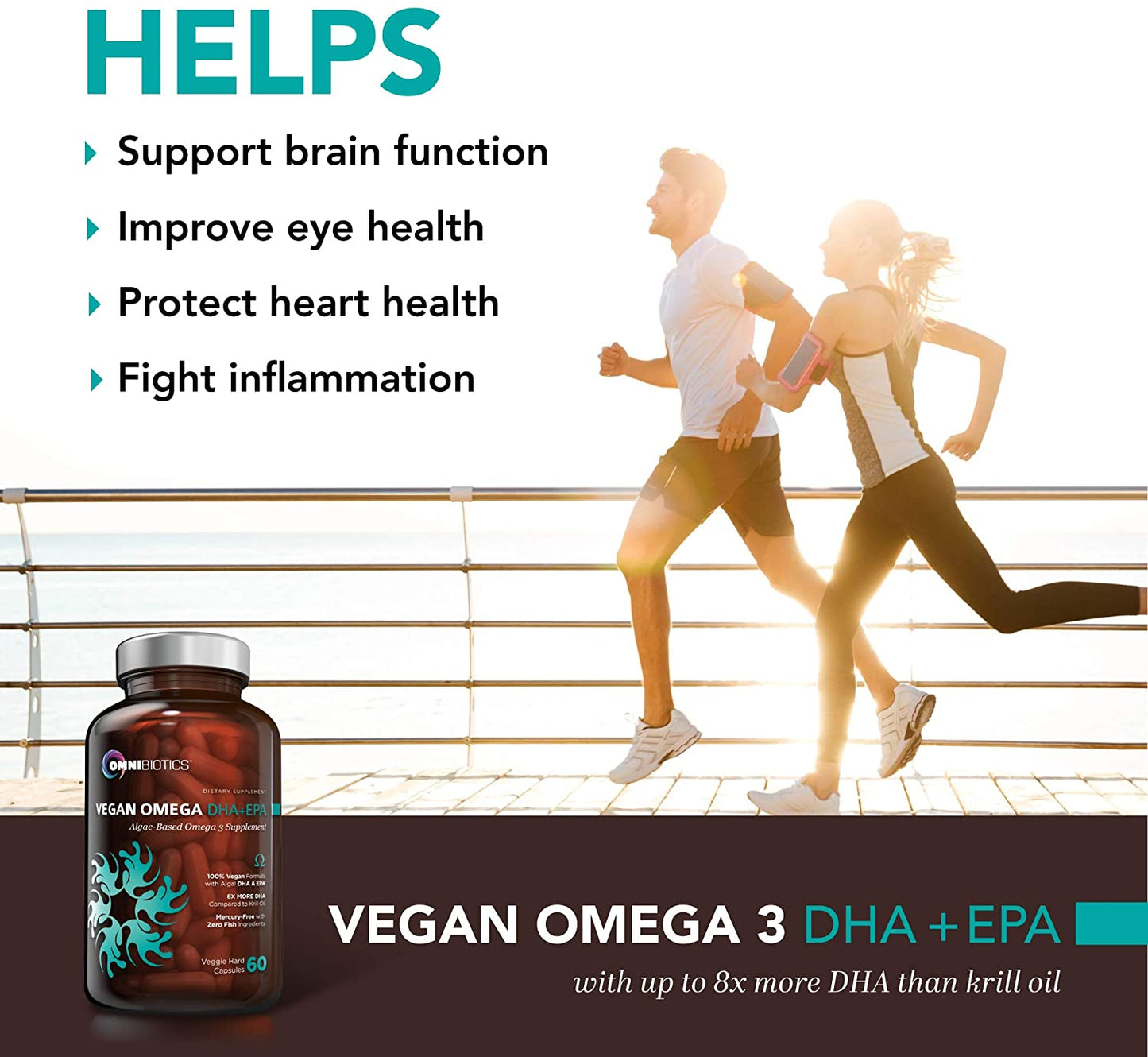 OmniBiotics Vegan Omega 3 DHA+EPA ad with two joggers and benefits listed: brain, eyes, heart, inflammation.