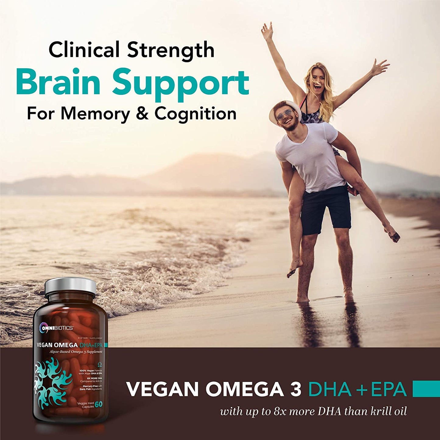 Couple on beach, woman piggybacks man; “Brain Support” ad for OmniBiotics Vegan Omega 3 DHA+EPA with product bottle.