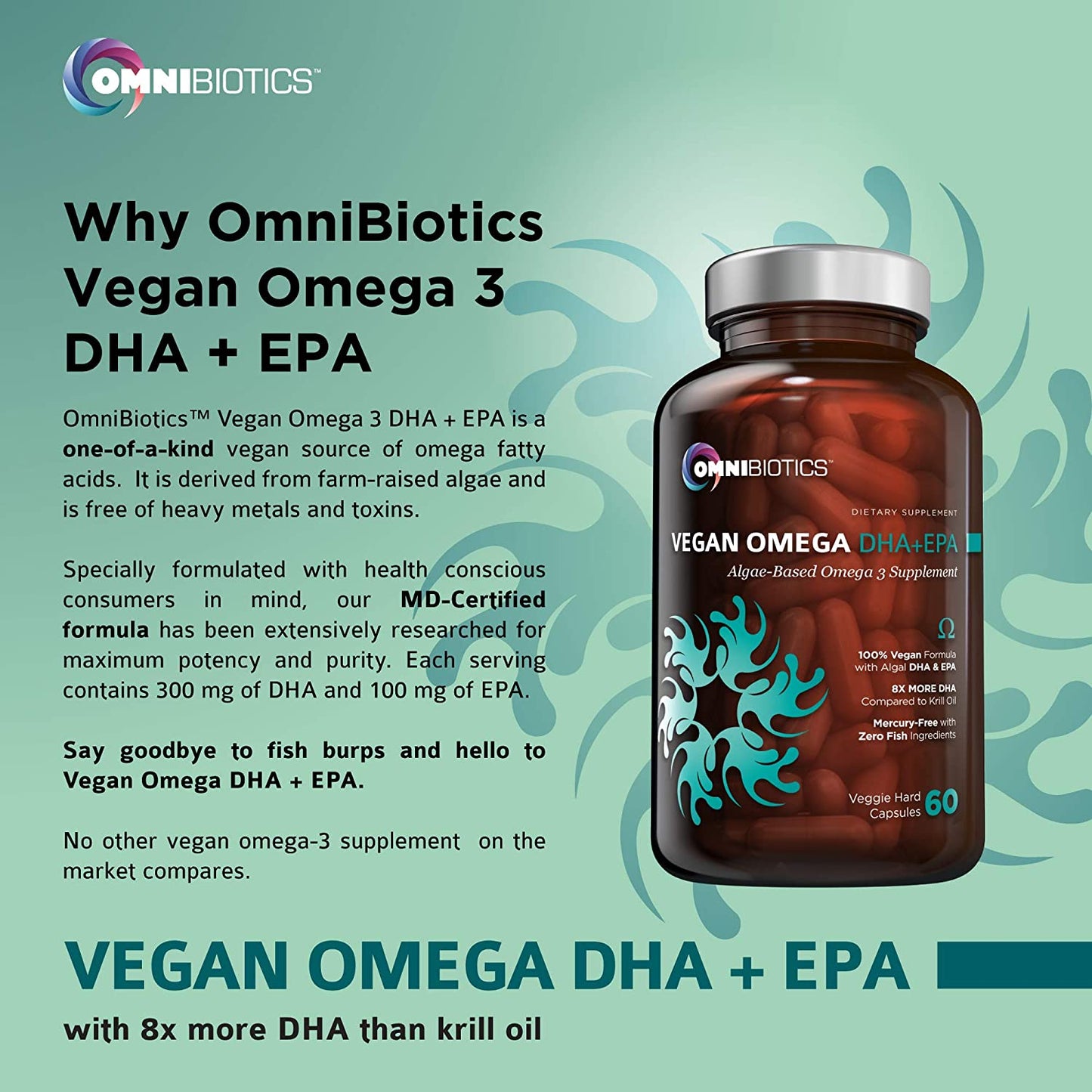 OmniBiotics Vegan Omega 3 DHA+EPA graphic featuring algae-based omega-3 bottle (60 veggie softgels).
